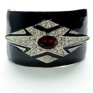 Vintage Kenneth Jay Lane KJL Black Enamel Crystal Deco Bracelet